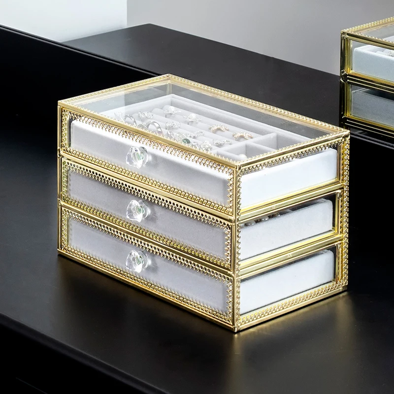 Copper Glass Jewelry Storage Box Multi-layer Earrings Ring Necklace European Style Dust-proof
Copper Glass Jewelry Storage Box Multi-layer Earrings Ring Necklace European Style Dust-proof