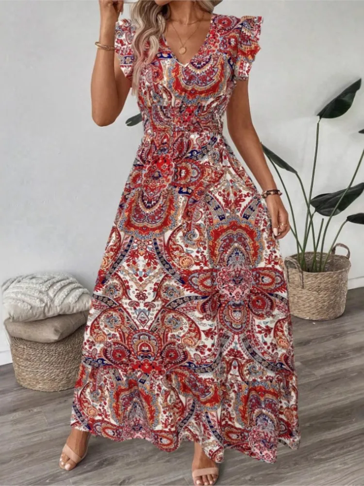Woman Summer Fashion Retro Print Dress Sexy V-neck Ruffled Edge Design Waist-cinching Long Dresses Lady Casual Vacation Vestidos
Woman Summer Fashion Retro Print Dress Sexy V-neck Ruffled Edge Design Waist-cinching Long Dresses Lady Casual Vacation Vestidos