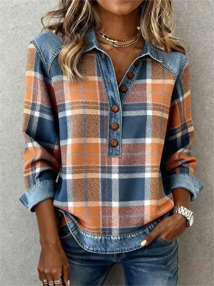 Retro Contrast Color Woman Shirt Elegant Turn-down Collar Button Tops Autumn Casual Long Sleeve Loose Spliced denim Shirt
Retro Contrast Color Woman Shirt Elegant Turn-down Collar Button Tops Autumn Casual Long Sleeve Loose Spliced denim Shirt