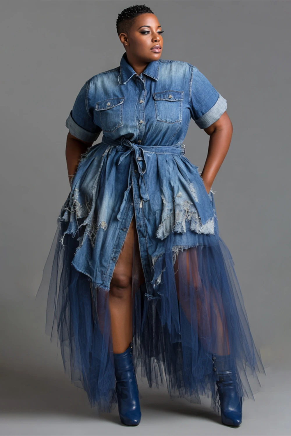 Plus Size Party Tulle Blue Shirt Collar Short Sleeve Ripped Pocket Denim Midi Dresses
Plus Size Party Tulle Blue Shirt Collar Short Sleeve Ripped Pocket Denim Midi Dresses