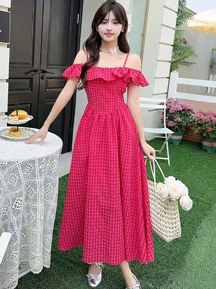 Women Red Plaid Ruffled Sling Long Dress 2026 Korean Vintage Luxury Fesitval Dress Gown Summer Elegant Bodycon Party Night Dress
Women Red Plaid Ruffled Sling Long Dress 2026 Korean Vintage Luxury Fesitval Dress Gown Summer Elegant Bodycon Party Night Dress