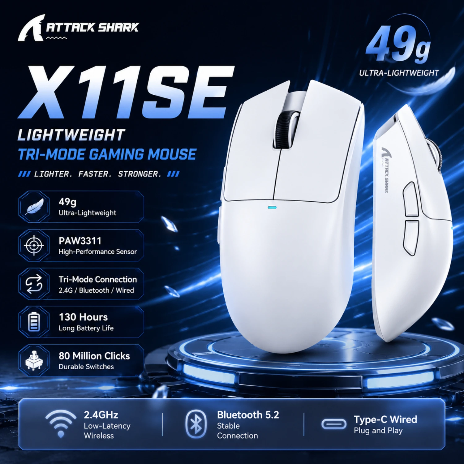 ATTACK SHARK X11 Lightweight Wireless Gaming Mouse | RGB Backlight & Charging, Up to 22K DPI, PAW3311 Optical Sensor, Switches
ATTACK SHARK X11 Lightweight Wireless Gaming Mouse | RGB Backlight & Charging, Up to 22K DPI, PAW3311 Optical Sensor, Switches