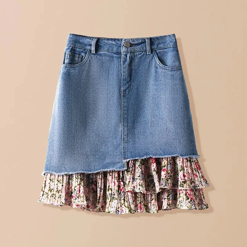 Summer Women's Splicing Denim Short Skirt Irregular Patchwork Printed Pleated Skirts High Waist Thin Casual A-line Jean Skirts
Summer Women's Splicing Denim Short Skirt Irregular Patchwork Printed Pleated Skirts High Waist Thin Casual A-line Jean Skirts