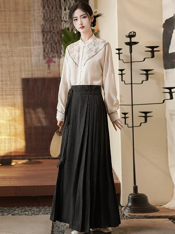 Women's Hanfu Shirt And Tailed Skirt Two-Piece Set Autumn Long Sleeve Stand Collar Slim Fit Commute Style Artistic Fashion
Women's Hanfu Shirt And Tailed Skirt Two-Piece Set Autumn Long Sleeve Stand Collar Slim Fit Commute Style Artistic Fashion