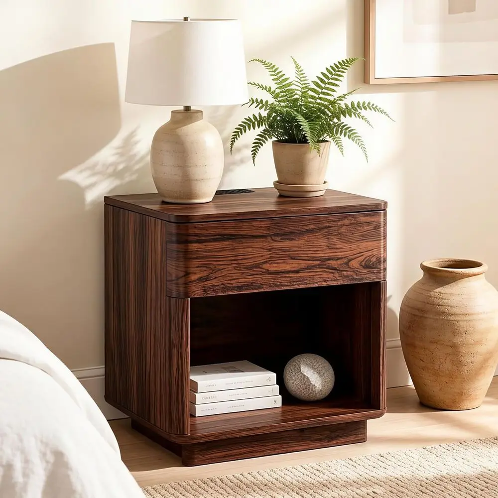 22 Wide Curved Walnut Nightstand with Charging Station and Storage
22 Wide Curved Walnut Nightstand with Charging Station and Storage