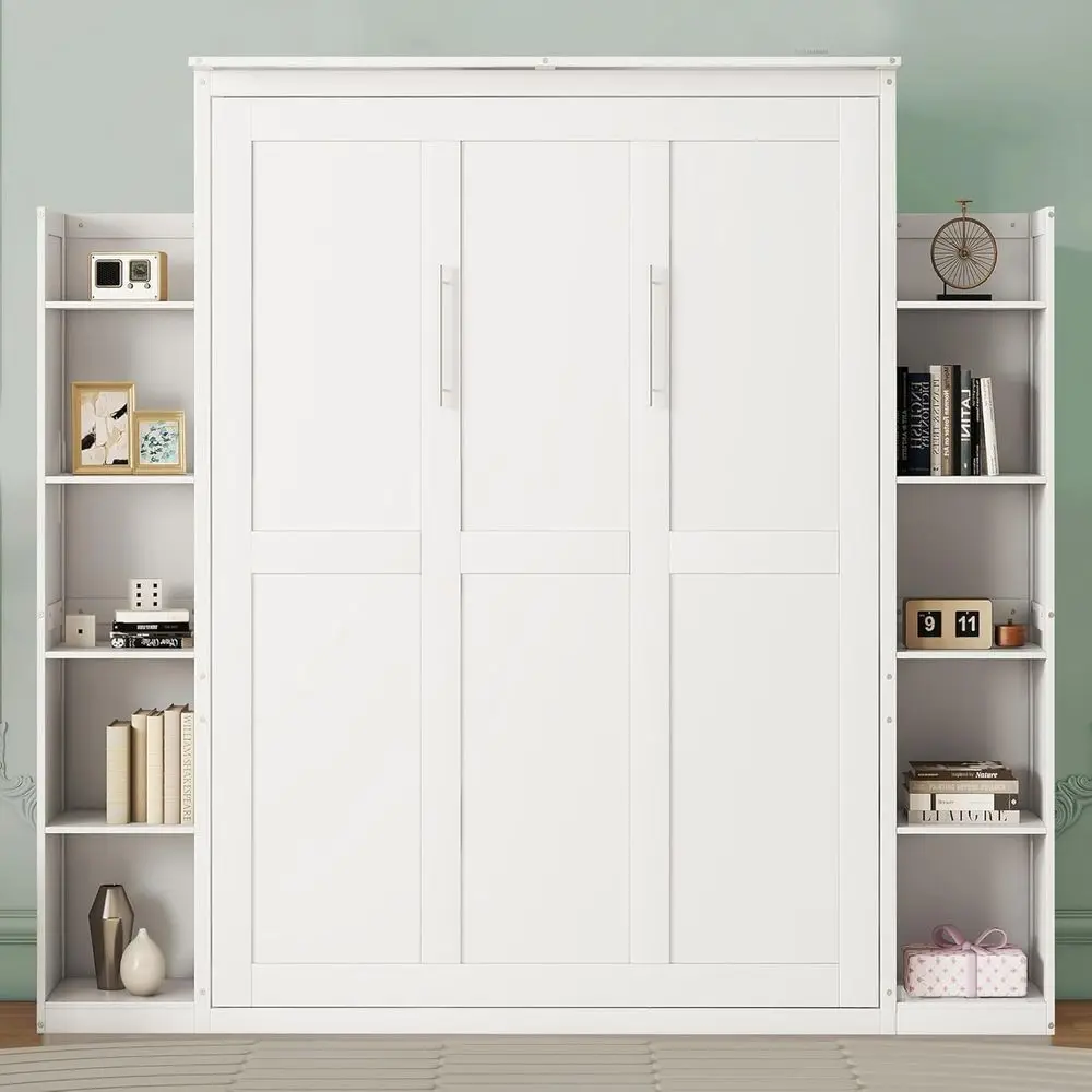 Queen Size Murphy Bed with Storage Shelves, LED Lights, and Bookcase, White
Queen Size Murphy Bed with Storage Shelves, LED Lights, and Bookcase, White