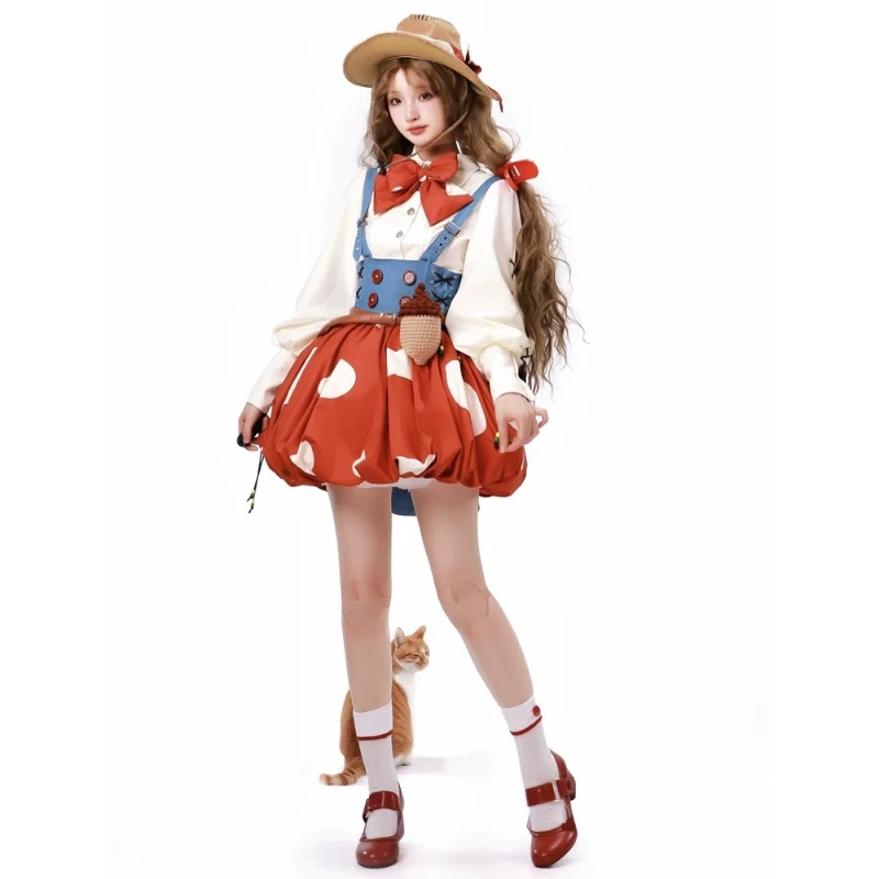 Spring Summer Lolita 2-Piece Set Sweet Mushroom Bud Denim Strap Skirt Bow Tie Cuff Shirt women Christmas Cosplay Party Clothing
Spring Summer Lolita 2-Piece Set Sweet Mushroom Bud Denim Strap Skirt Bow Tie Cuff Shirt women Christmas Cosplay Party Clothing