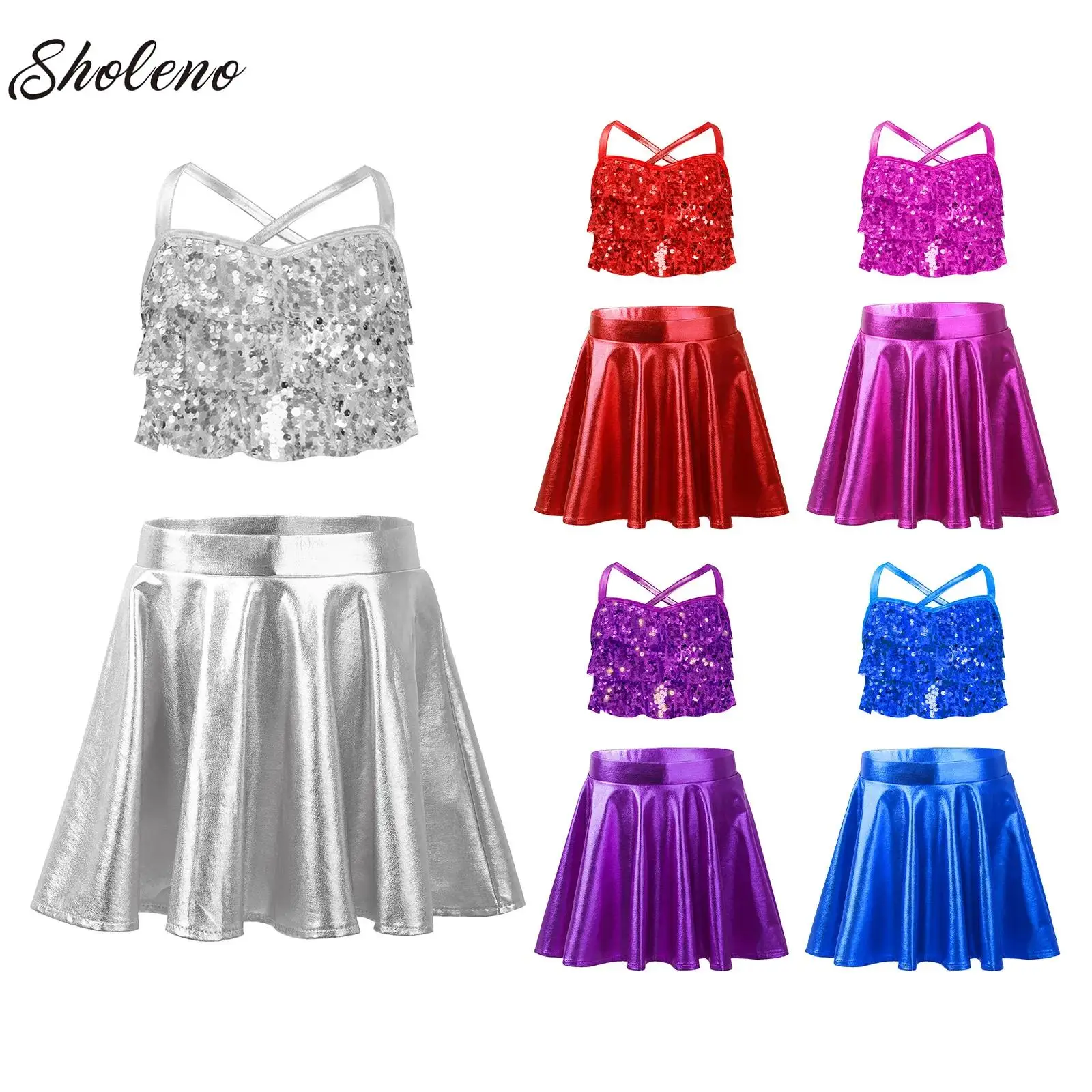 Kids Girls Shiny Sequined Modern Latin Jazz Dance Costume Outfits Glittery Tiered Crop Top+Tiered Ruffle Skirt Dancewear Sets
Kids Girls Shiny Sequined Modern Latin Jazz Dance Costume Outfits Glittery Tiered Crop Top+Tiered Ruffle Skirt Dancewear Sets