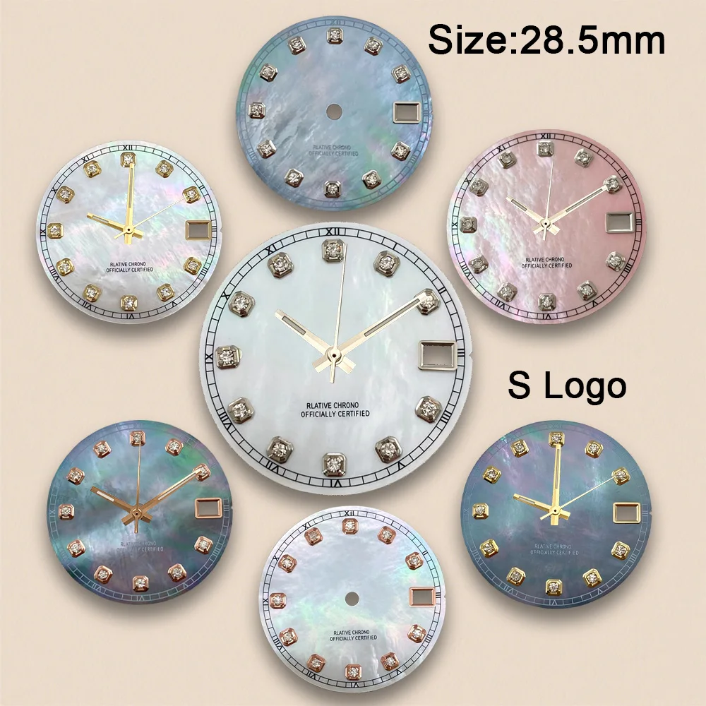 New 28.5mm S Logo NH35 Diamonds Mother Pearl Dial Fit NH36 Movement No Luminous Watch Accessories Repair tools
New 28.5mm S Logo NH35 Diamonds Mother Pearl Dial Fit NH36 Movement No Luminous Watch Accessories Repair tools 
