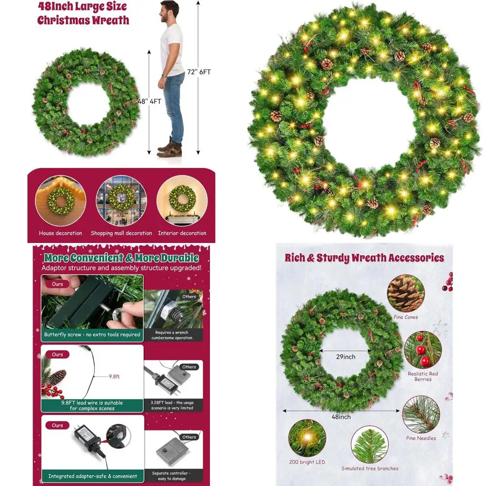 200 светодиодных теплых белых огней, рождественский венок, 48 дюймов, сосна из ПВХ, красные ягоды, конусы, дверь/стена/муantel, таймер и память
200 светодиодных теплых белых огней, рождественский венок, 48 дюймов, сосна из ПВХ, красные ягоды, конусы, дверь/стена/муantel, таймер и память