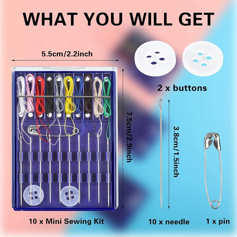 10 Boxes Mini Sewing Kit, Quick Fix Sewing Kit Small Travel Sewing Kit Pre Threaded Needle Kit with Pin Button-A21I
