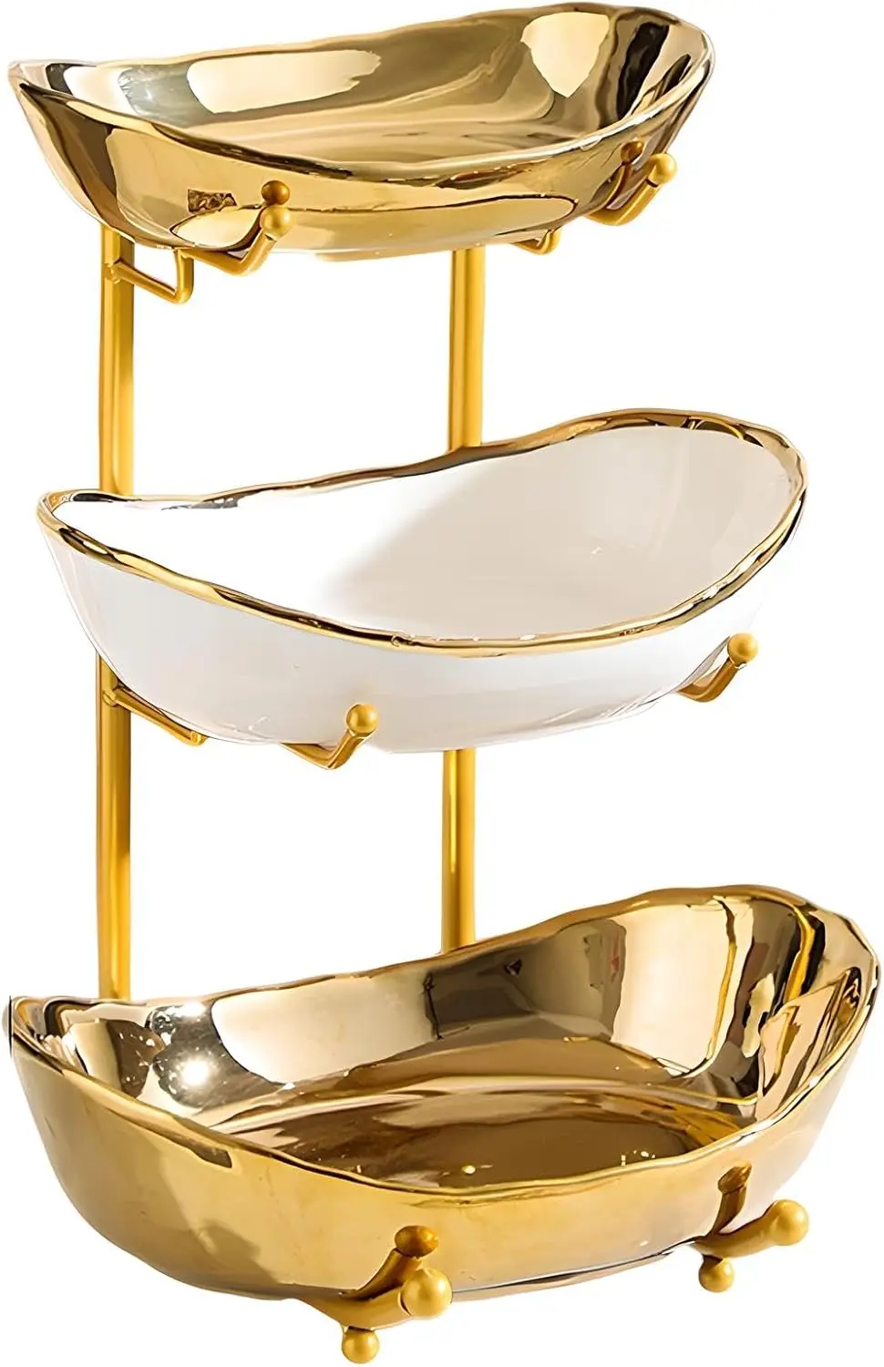 Трехъярусная керамическая ваза для фруктов с металлической подставкой, белая, золотая, серебряная, для хранения на кухонной столешнице
Трехъярусная керамическая ваза для фруктов с металлической подставкой, белая, золотая, серебряная, для хранения на кухонной столешнице