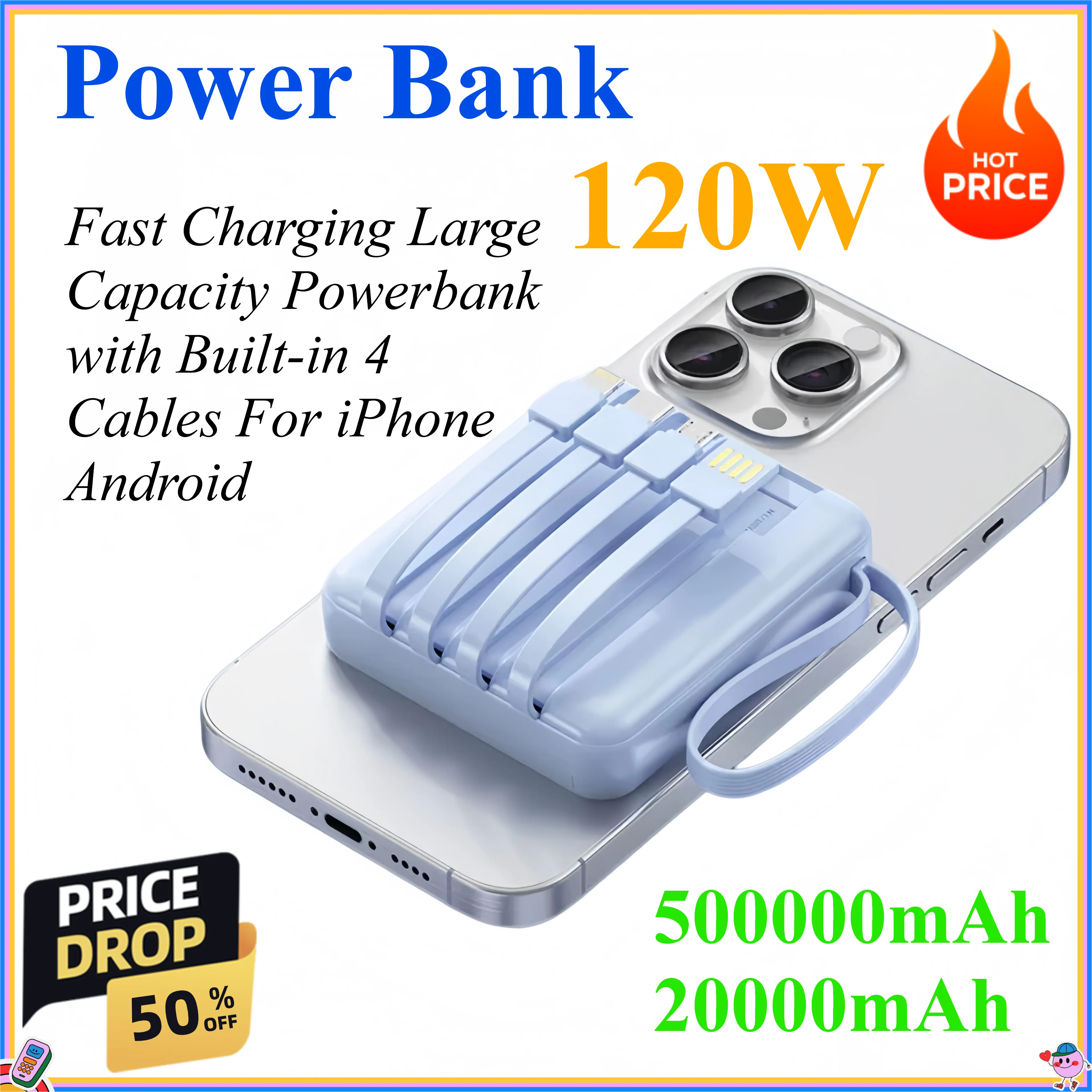 500000mAh 20000mAh Power Bank Portable 120W Fast Charging Large Capacity Powerbank with Built-in 4 Cables For iPhone Samsung
500000mAh 20000mAh Power Bank Portable 120W Fast Charging Large Capacity Powerbank with Built-in 4 Cables For iPhone Samsung