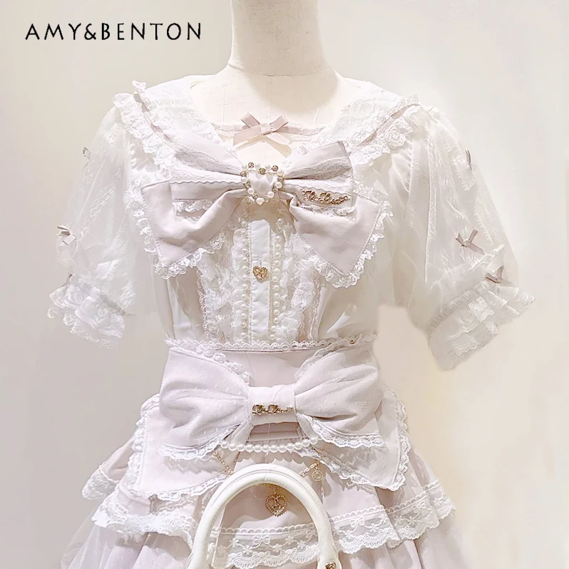 Sweet Temperament Liz Short-sleeved Shirt Women Japanese Mine Series Mass-produced Pearl Bow Navy Collar Lace Chiffon Shirt Top
Sweet Temperament Liz Short-sleeved Shirt Women Japanese Mine Series Mass-produced Pearl Bow Navy Collar Lace Chiffon Shirt Top