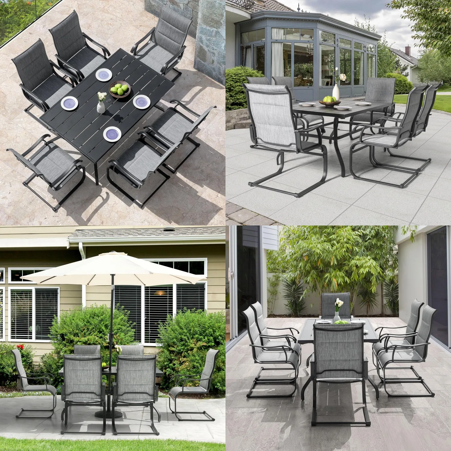 7pc Outdoor Dining Set 61in Table Umbrella Hole 6 All-Weather Textilene Padded Chairs Patio Garden Light Grey Black, Customized
7pc Outdoor Dining Set 61in Table Umbrella Hole 6 All-Weather Textilene Padded Chairs Patio Garden Light Grey Black, Customized