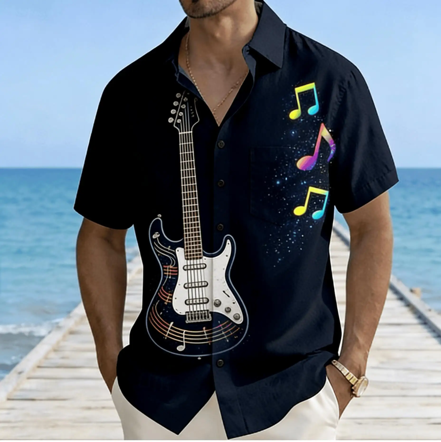 Men's Black Music Note Print Short Sleeve Shirt, Spring Summer Rock Themed Casual Vacation Blouse, Loose Casual Top
Men's Black Music Note Print Short Sleeve Shirt, Spring Summer Rock Themed Casual Vacation Blouse, Loose Casual Top