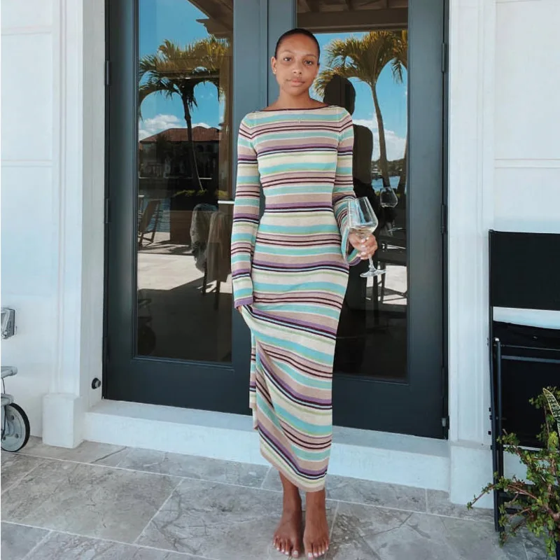 Bohemian Knitted Striped Women's Dress Long Sleeve Backless Slash Neck Beach Long Dresses Casual Party Club Wear Streetwear
Bohemian Knitted Striped Women's Dress Long Sleeve Backless Slash Neck Beach Long Dresses Casual Party Club Wear Streetwear