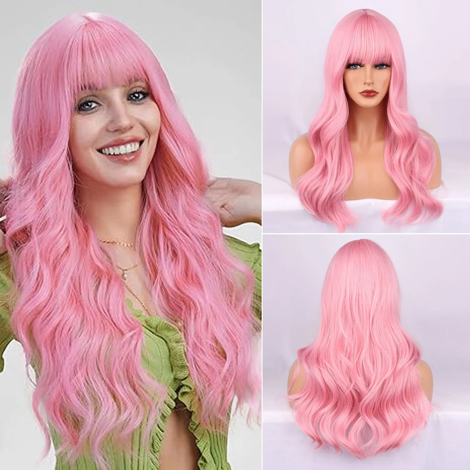 A girl wearing a pink synthetic wig with long curly hair and air bangs for cosplay at a party or in daily life in hot weather.
A girl wearing a pink synthetic wig with long curly hair and air bangs for cosplay at a party or in daily life in hot weather.