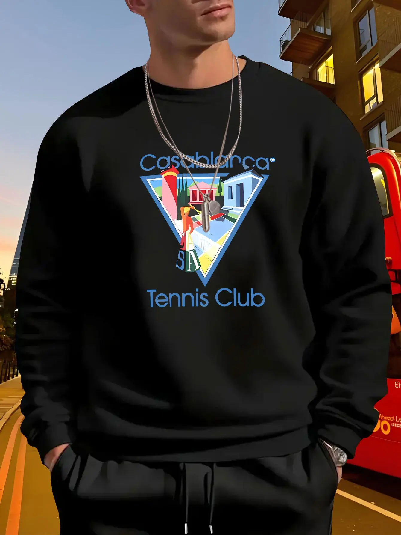 Men'S Casual Tennis Club Graphic Sweatshirt - Black with Colorful Tennis Court Design, Loose Fit, Round Neck
Men'S Casual Tennis Club Graphic Sweatshirt - Black with Colorful Tennis Court Design, Loose Fit, Round Neck