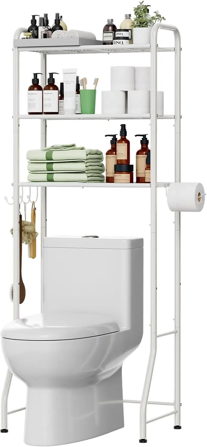 Over The Toilet Storage Rack, Metal 3 Tier Bathroom Organizer Shelf with Paper Holder and 3 Hooks, White
Over The Toilet Storage Rack, Metal 3 Tier Bathroom Organizer Shelf with Paper Holder and 3 Hooks, White