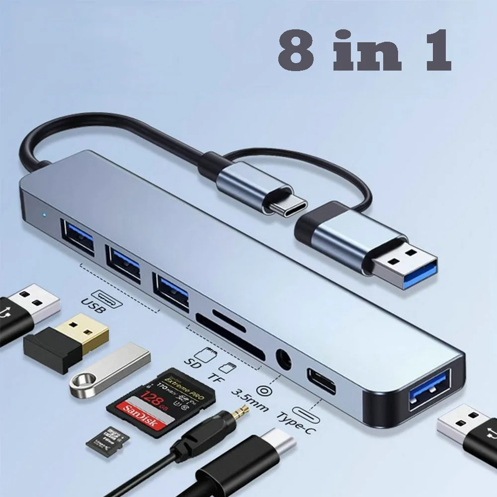 USB-концентратор 8 в 1, концентратор USB3.0 со считывателем карт TF/SD, док-станция для ноутбука, многопортовый адаптер, преобразователь USB в тип C
USB-концентратор 8 в 1, концентратор USB3.0 со считывателем карт TF/SD, док-станция для ноутбука, многопортовый адаптер, преобразователь USB в тип C