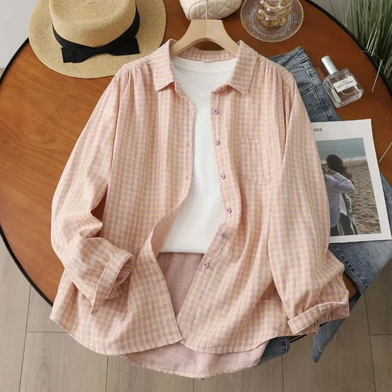 Women's Plaid Cotton Shirt, Double-Layer Gauze Loose Long Sleeve Casual Spring Blouse
Women's Plaid Cotton Shirt, Double-Layer Gauze Loose Long Sleeve Casual Spring Blouse