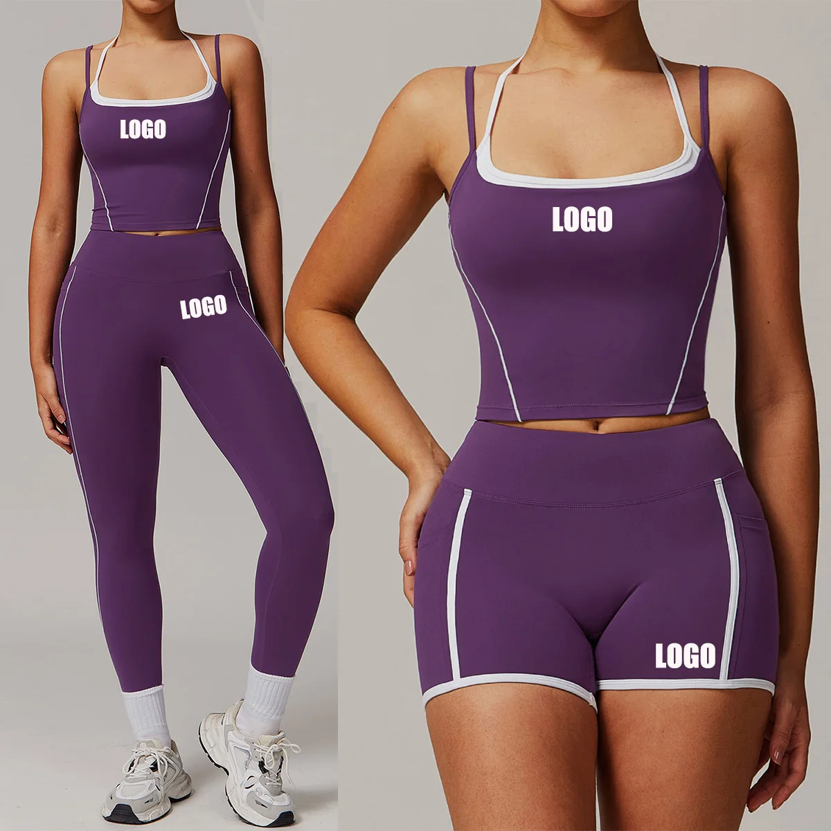 Customized LOGO women's fake two-piece neck-hanging yoga suit high waist casual fitness sports suit
Customized LOGO women's fake two-piece neck-hanging yoga suit high waist casual fitness sports suit