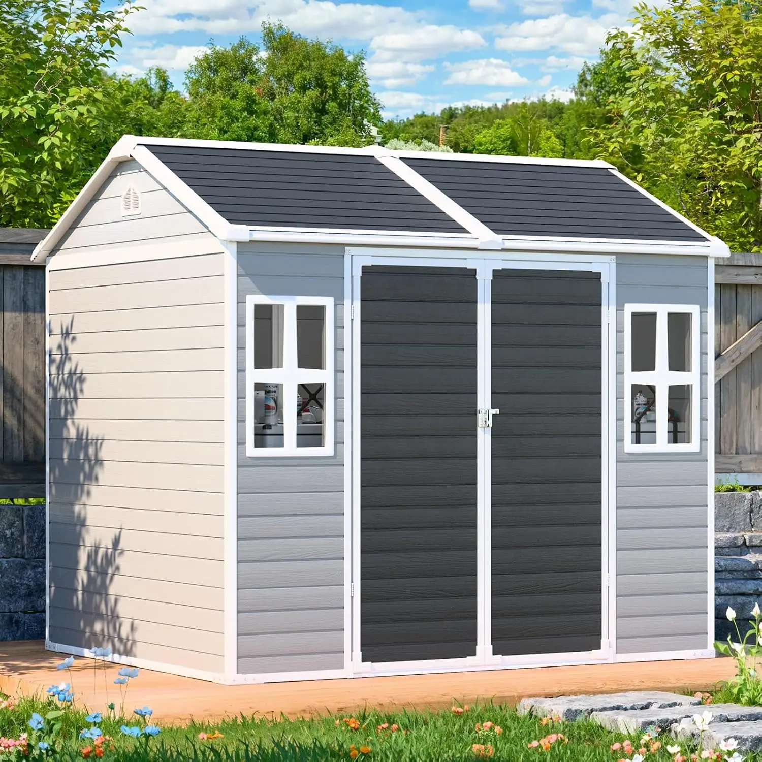 8x6FT Resin Storage Shed Lockable Double Door Window All Weather Plastic Outdoor Backyard Garden Lawn Tool Grey, Customized
8x6FT Resin Storage Shed Lockable Double Door Window All Weather Plastic Outdoor Backyard Garden Lawn Tool Grey, Customized