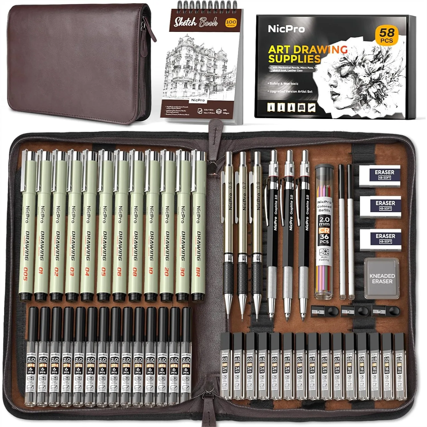 Art Drawing Supplies Kit 58 Pcs in Leather Case, Mechanical Pencil Set with 6 Metal Drafting Pencils 0.5/0.7/0.9/2mm, 12 Micron
Art Drawing Supplies Kit 58 Pcs in Leather Case, Mechanical Pencil Set with 6 Metal Drafting Pencils 0.5/0.7/0.9/2mm, 12 Micron