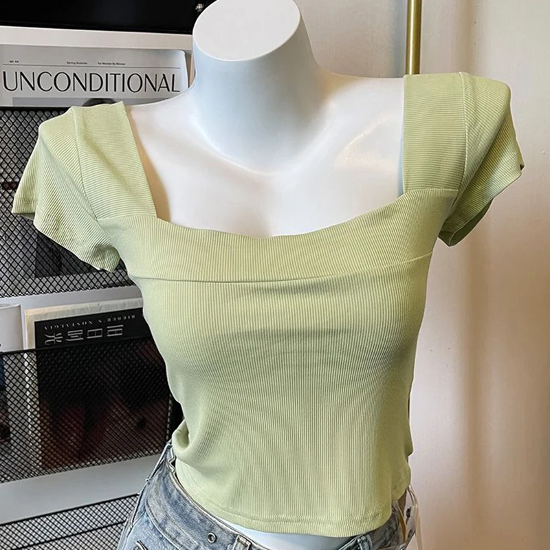 Green Square Neck Shoulder Short Sleeve T-shirt for Women 2023 Summer New Korean Short Top for Women
Green Square Neck Shoulder Short Sleeve T-shirt for Women 2023 Summer New Korean Short Top for Women