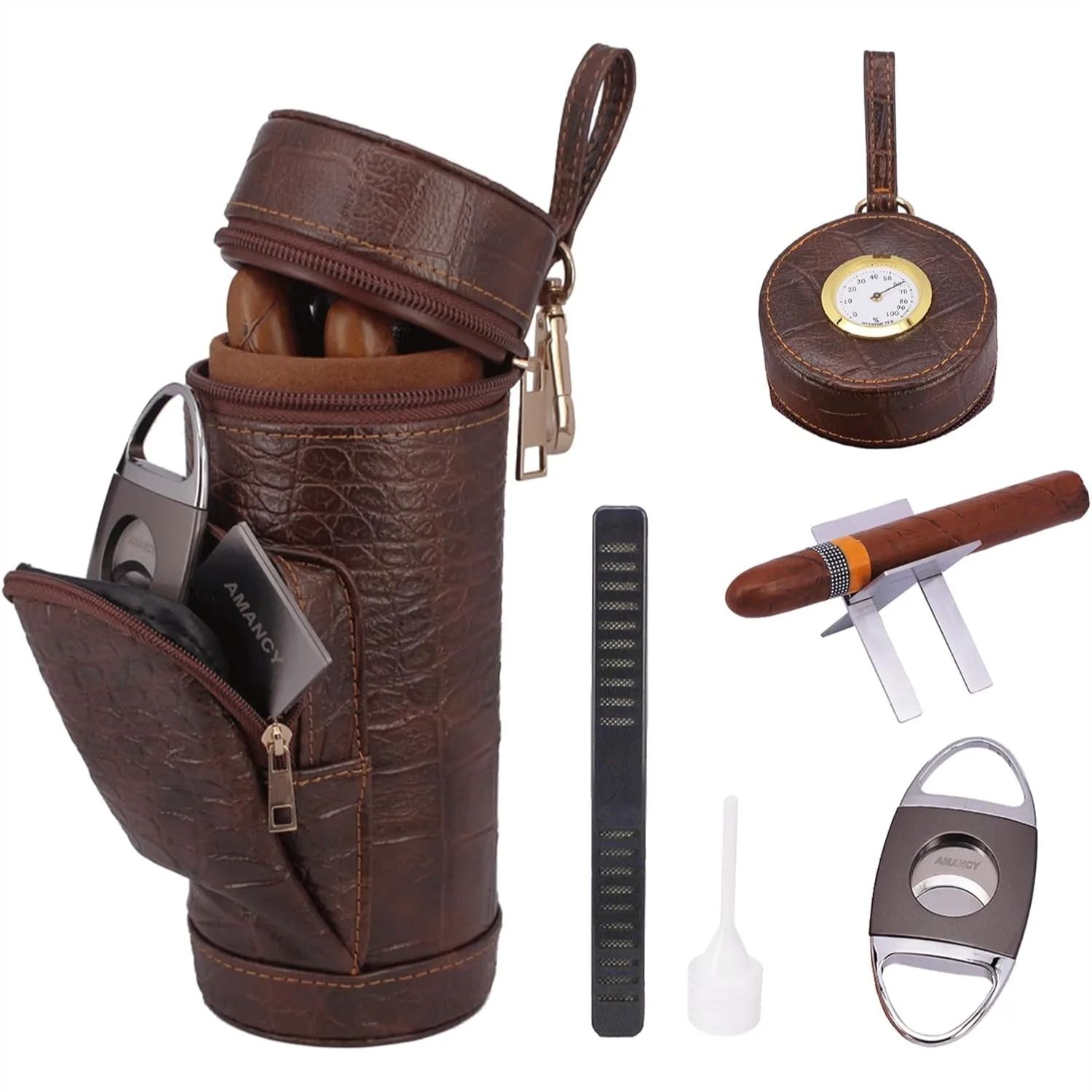 Cylindrical Hand Carry Cigar Case with Cutter and Rest, Cedar Wood Lined Travel Cigar Holder Humidor Kit with Hygrometer
Cylindrical Hand Carry Cigar Case with Cutter and Rest, Cedar Wood Lined Travel Cigar Holder Humidor Kit with Hygrometer