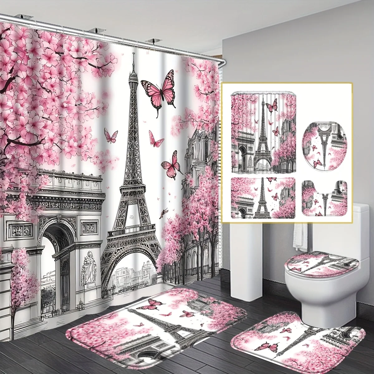4pcs Fashion Paris Tower & Cherry Blossom Shower Curtain Set, Durable Bathroom Curtain Set with 12 Hooks Included, Matching Anti
4pcs Fashion Paris Tower & Cherry Blossom Shower Curtain Set, Durable Bathroom Curtain Set with 12 Hooks Included, Matching Anti
