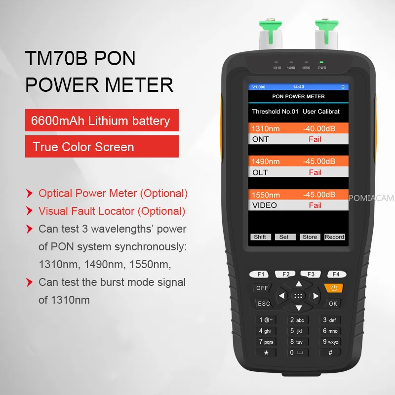 Измеритель оптической мощности TM70B PON с функцией OPM VFL, 1310/1490/1550 нм, аккумулятор 6600 мАч, 1 мВт VFL, оптический измеритель мощности
Измеритель оптической мощности TM70B PON с функцией OPM VFL, 1310/1490/1550 нм, аккумулятор 6600 мАч, 1 мВт VFL, оптический измеритель мощности