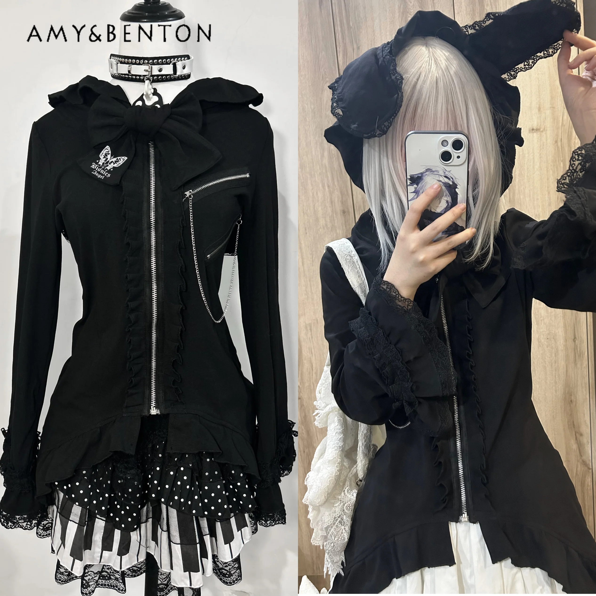 Original Gothic Sweet Lace Rabbit Ears Hooded Flared Sleeve Slim Jacket Women Subculture Street Punk Style Sweet Cool Girl Coat
Original Gothic Sweet Lace Rabbit Ears Hooded Flared Sleeve Slim Jacket Women Subculture Street Punk Style Sweet Cool Girl Coat