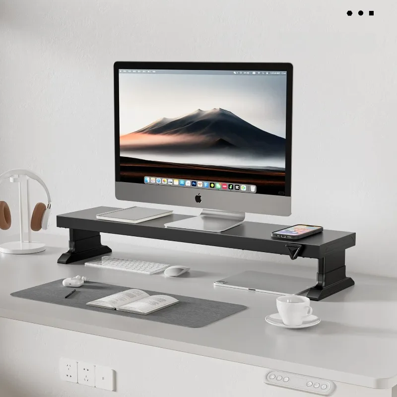 Manual Rotating & Height Adjustable Computer Riser, Metal Desk Shelf with USB Charging, Elevated Storage Stand for Home Office