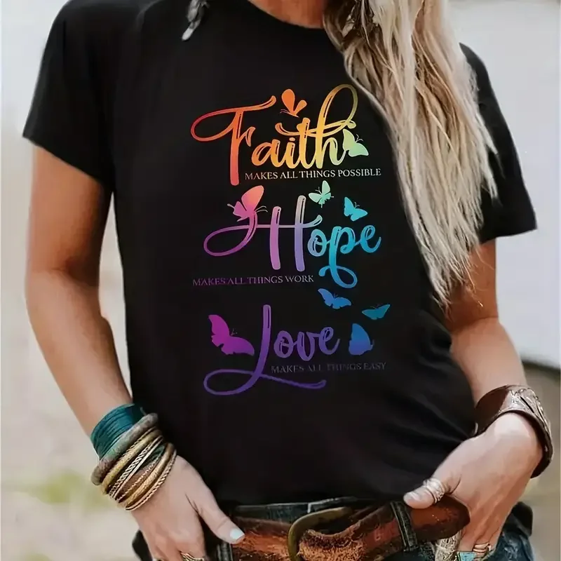Plus Size Casual T-shirt Women's Plus Butterfly & Slogan Print Short Sleeve Round Neck Slight Stretch T-shirt
Plus Size Casual T-shirt Women's Plus Butterfly & Slogan Print Short Sleeve Round Neck Slight Stretch T-shirt