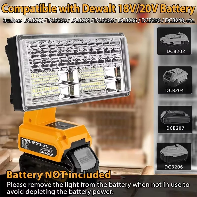 Cordless LED Work Light for Dewalt 20V MAX Li-Ion Battery 40W Jobsite Light 4200LM Spotlight LED Floodlight with USB Port
Cordless LED Work Light for Dewalt 20V MAX Li-Ion Battery 40W Jobsite Light 4200LM Spotlight LED Floodlight with USB Port