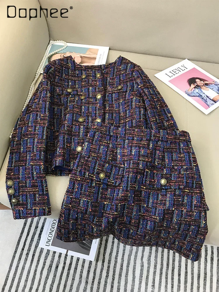 High-end Plaid Tweed Suit Women Spring Autumn New Temperament Celebrity Double-breasted Jacket High-waisted Skirt Two-piece Set
High-end Plaid Tweed Suit Women Spring Autumn New Temperament Celebrity Double-breasted Jacket High-waisted Skirt Two-piece Set