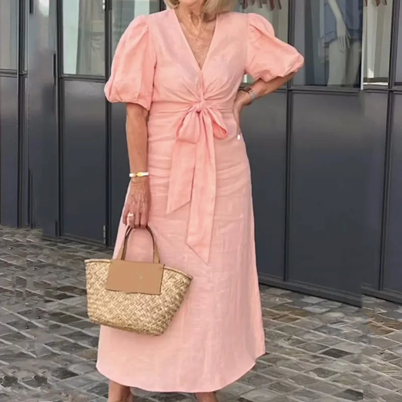 Women Fashion V-neck Solid Long Dress Spring High Waist Lace-up Bowknot Party Dress Summer Puff Short Sleeve A-Line Office Dress
Women Fashion V-neck Solid Long Dress Spring High Waist Lace-up Bowknot Party Dress Summer Puff Short Sleeve A-Line Office Dress