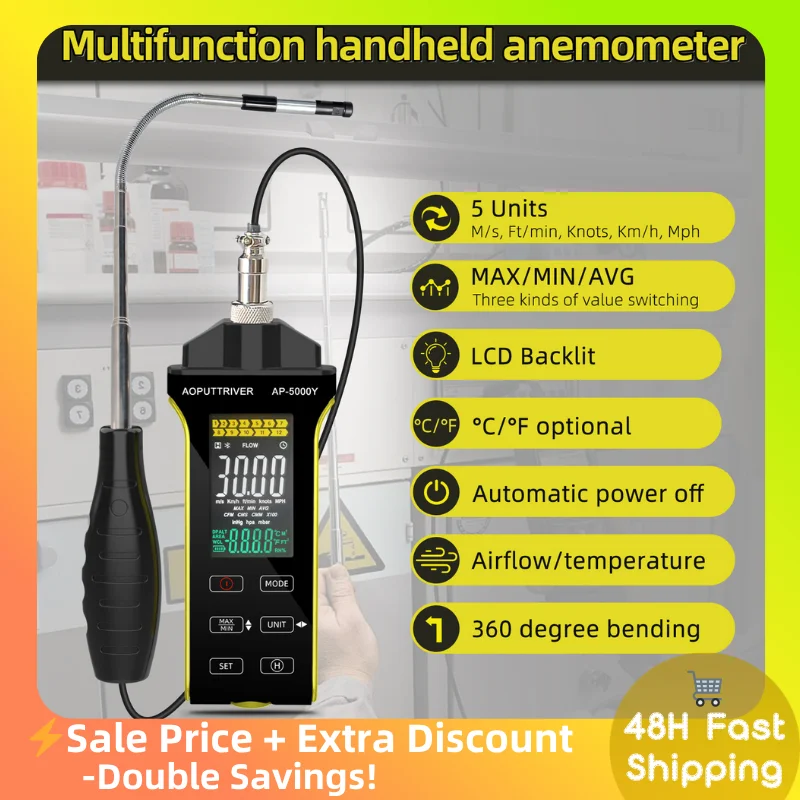 HVAC Wind Meter Hot Wire Anemometer with Telescopic Probe, USB Data Export, Temperature and Humidity Air Flow Velocity, HP-5000Y
HVAC Wind Meter Hot Wire Anemometer with Telescopic Probe, USB Data Export, Temperature and Humidity Air Flow Velocity, HP-5000Y