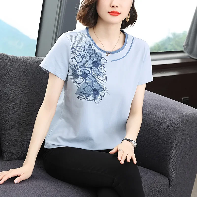 Women's Casual Cotton T-Shirt Floral Print Short Sleeve Asymmetrical Round Neck Loose Summer Tops For Middle Aged
Women's Casual Cotton T-Shirt Floral Print Short Sleeve Asymmetrical Round Neck Loose Summer Tops For Middle Aged