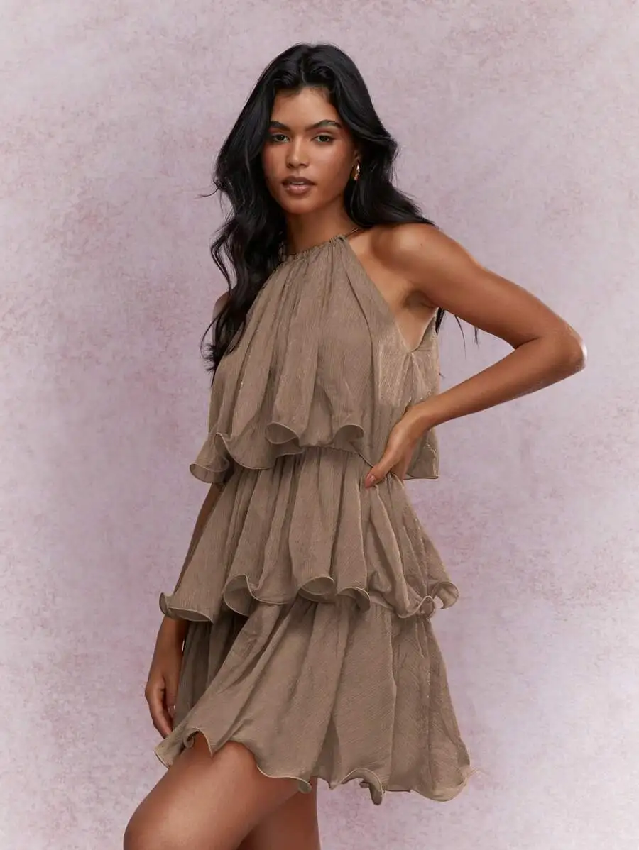 Sleeveless Halter Mini Dress With Tiered Ruffles And Flowy Chiffon Layers For Spring Summer Parties And Evening Events
Sleeveless Halter Mini Dress With Tiered Ruffles And Flowy Chiffon Layers For Spring Summer Parties And Evening Events