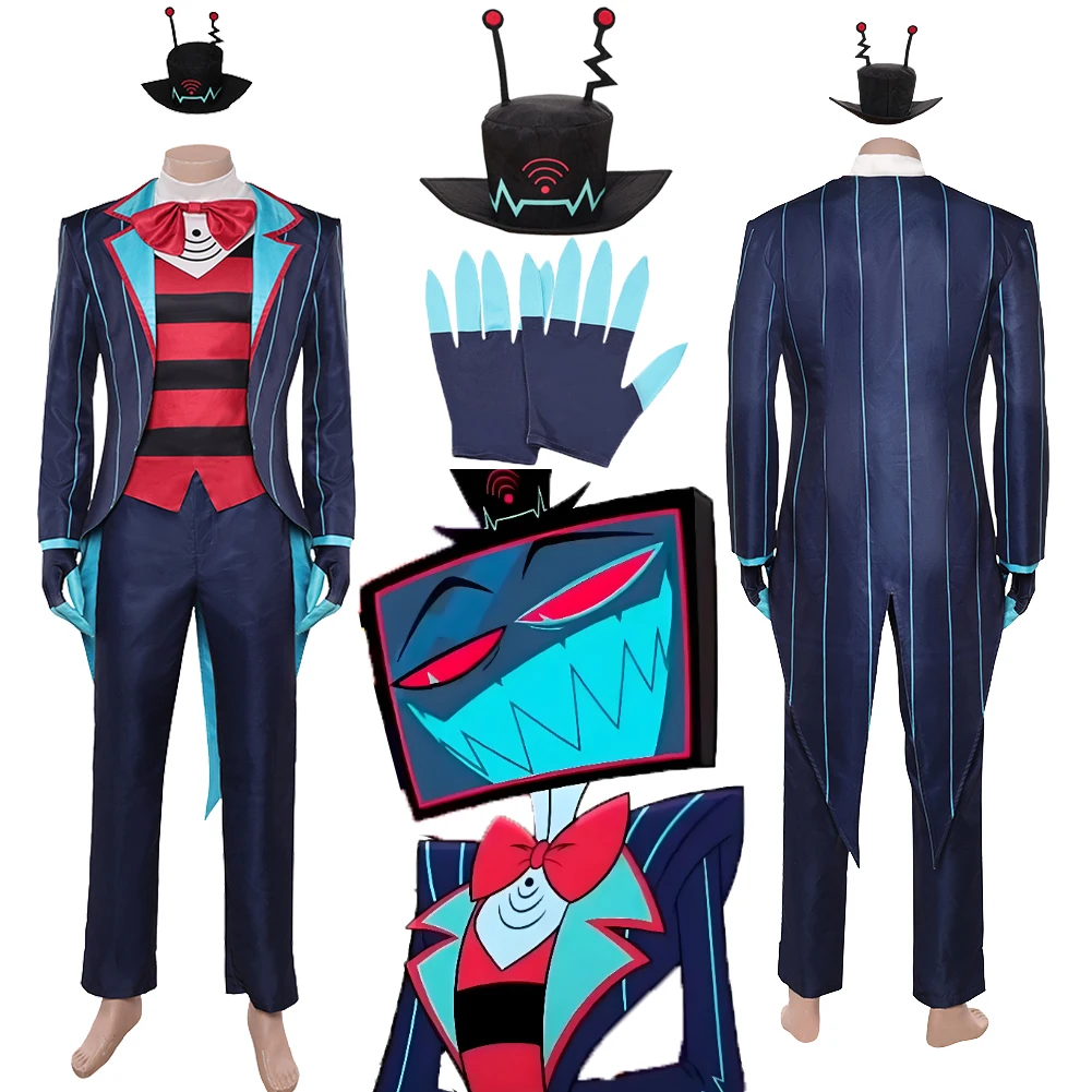 Hazzbin Hell Inn VOX Hotel Cosplay Blue Suit Hat Costume Red Black Striped Top Clothes Outfits Set Halloween Carnival Party
Hazzbin Hell Inn VOX Hotel Cosplay Blue Suit Hat Costume Red Black Striped Top Clothes Outfits Set Halloween Carnival Party