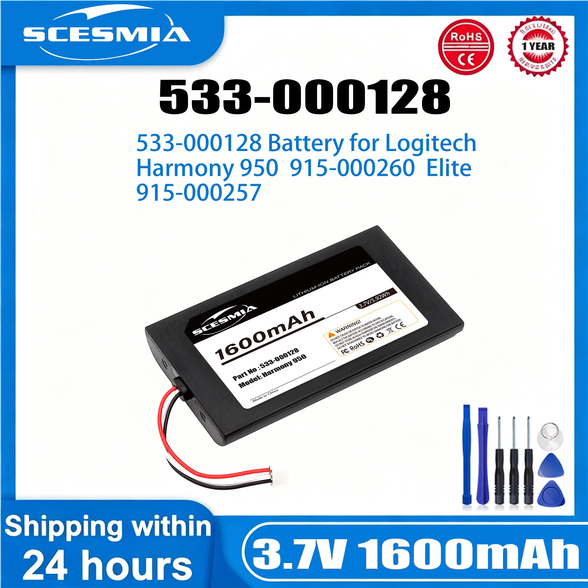 Battery 1600mAh Replacement for Logitech 915-000257 915-000260 Elite Harmony 950 533-000128 623158
Battery 1600mAh Replacement for Logitech 915-000257 915-000260 Elite Harmony 950 533-000128 623158