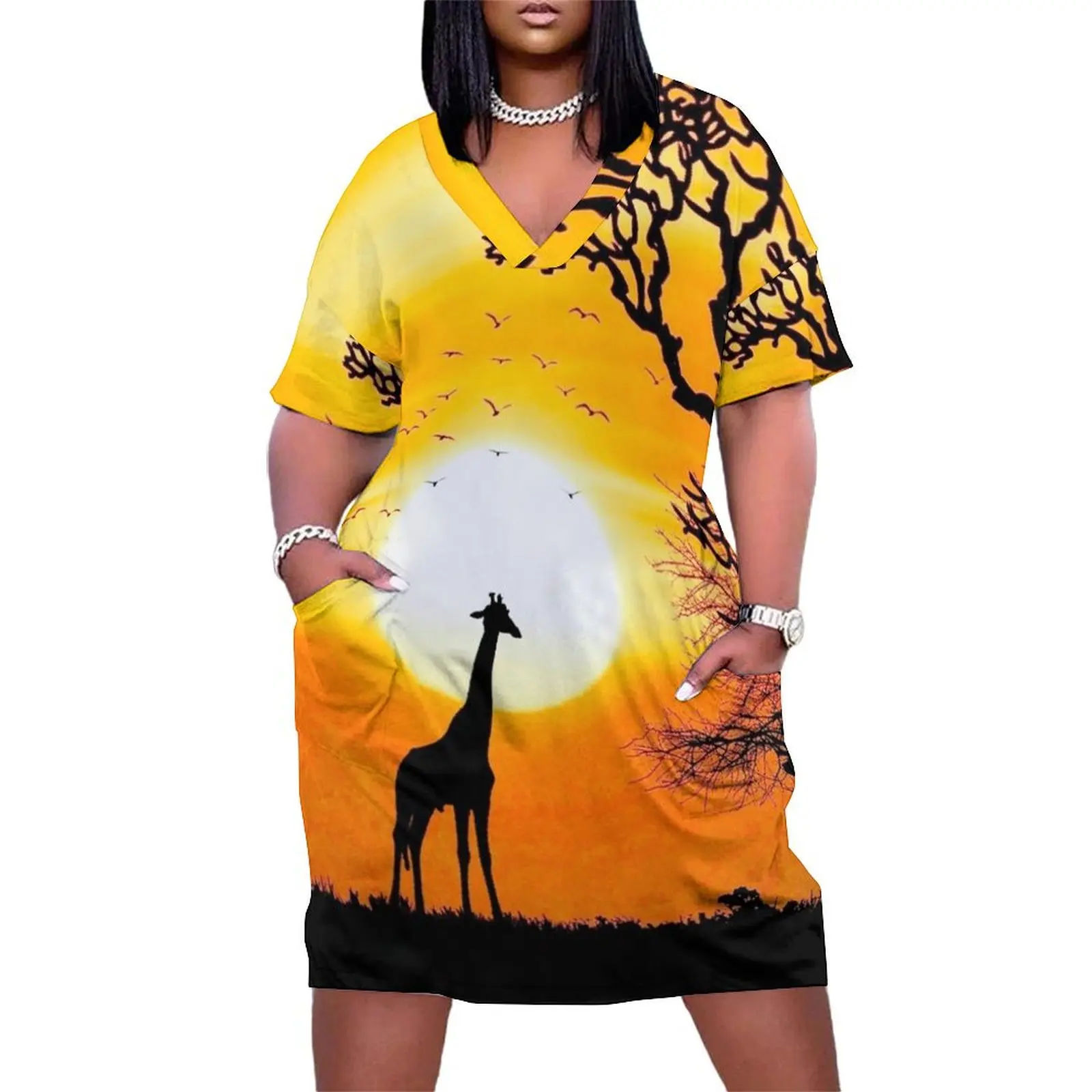 Vibrant Orange Sunset with Giraffe Silhouette and Savannah Tree Loose Pocket Dress summer dress women 2025 clothes for women
Vibrant Orange Sunset with Giraffe Silhouette and Savannah Tree Loose Pocket Dress summer dress women 2025 clothes for women