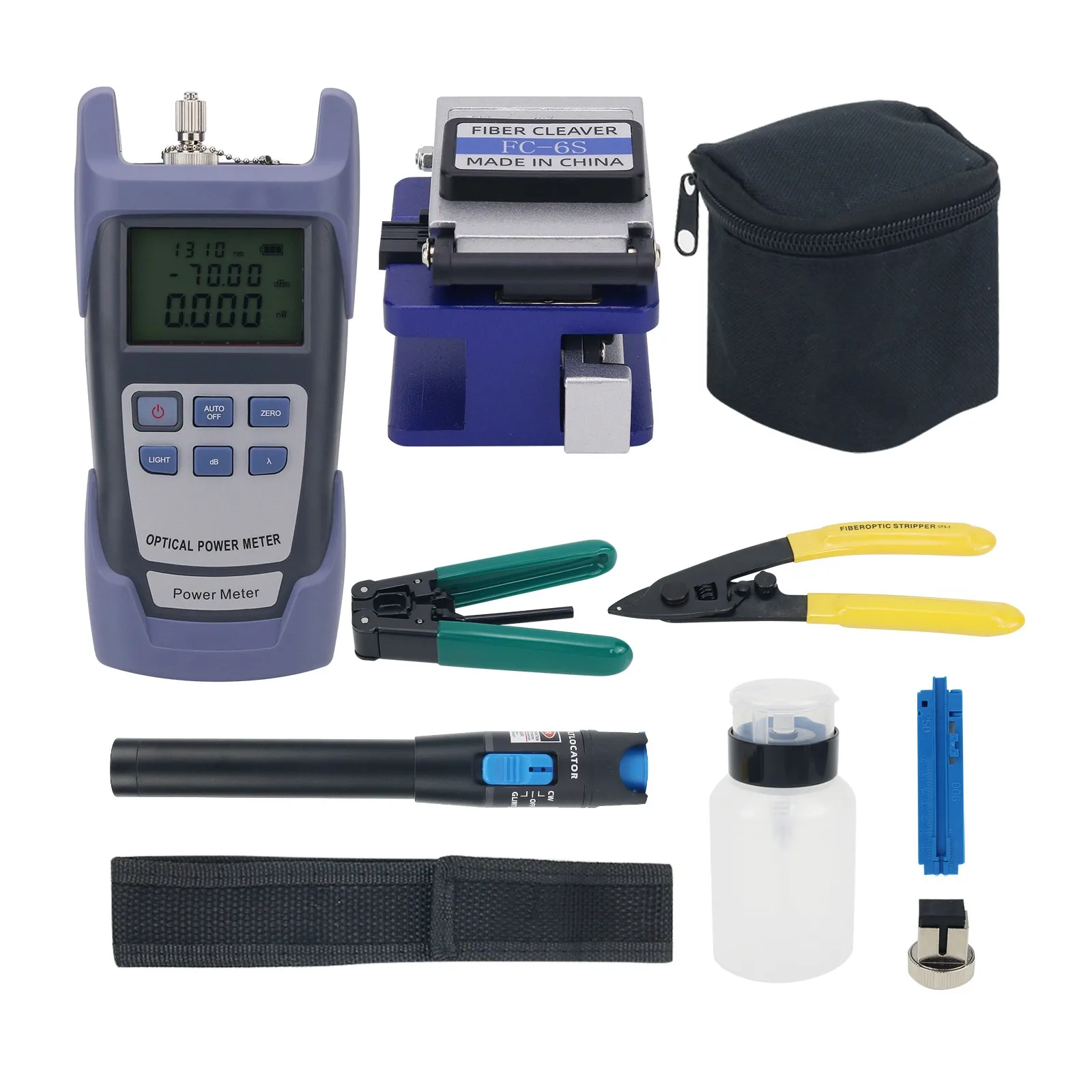 KLS-01 Fiber Optic FTTH Tool Kit FTTH Tools Set With Optical Power Meter Red Light Pen Fiber Cleaver
KLS-01 Fiber Optic FTTH Tool Kit FTTH Tools Set With Optical Power Meter Red Light Pen Fiber Cleaver