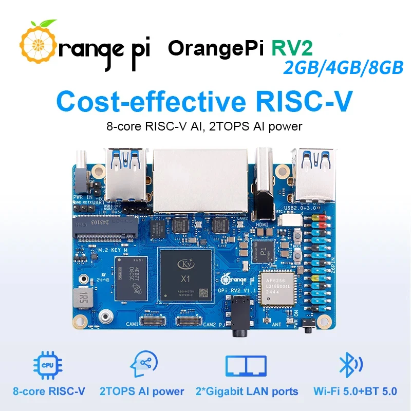 8-Core RISC-V Development Board 2 TOPS AI CPU WiFi+BT5.0 Gigabit Ethernet SBC M2 NVMe Optional 2GB/4GB/8GB RAM For Orange Pi RV2
8-Core RISC-V Development Board 2 TOPS AI CPU WiFi+BT5.0 Gigabit Ethernet SBC M2 NVMe Optional 2GB/4GB/8GB RAM For Orange Pi RV2