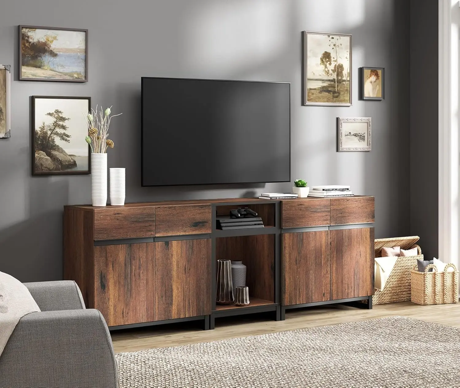 TV Stand for TVs up to 90 inch, 3 in 1 Modern Entertainment Center with Metal Base & 2 Adjustable Shelves, TV Console
TV Stand for TVs up to 90 inch, 3 in 1 Modern Entertainment Center with Metal Base & 2 Adjustable Shelves, TV Console