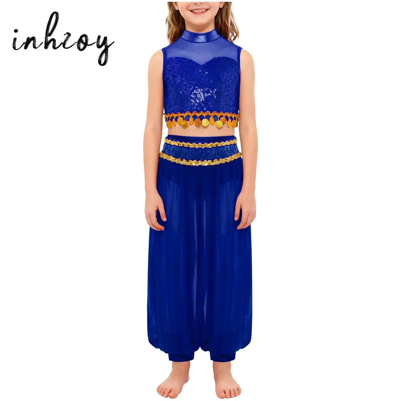 Kids Girls Indian Belly Dance Outfit Jazz Dance Outfit Mock Neck Sleeveless Mesh Patchwork Sequin Crop Top with Bloomers Pants
Kids Girls Indian Belly Dance Outfit Jazz Dance Outfit Mock Neck Sleeveless Mesh Patchwork Sequin Crop Top with Bloomers Pants
