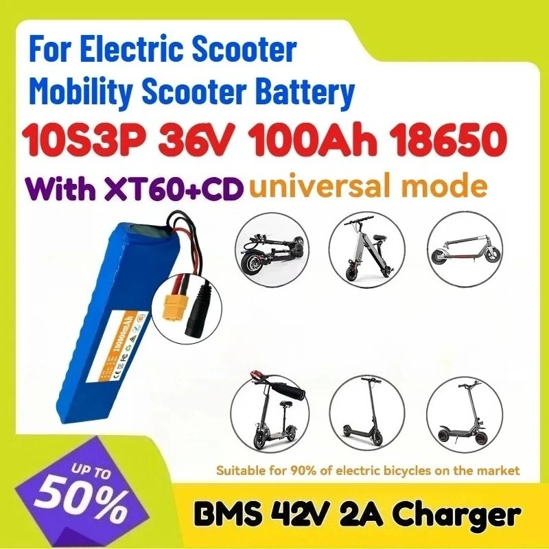 With XT60+CD 10S3P 36V 100Ah 18650 Lithium Battery BMS 42V 2A Charger for Electric Scooter Mobility Scooter Battery
With XT60+CD 10S3P 36V 100Ah 18650 Lithium Battery BMS 42V 2A Charger for Electric Scooter Mobility Scooter Battery